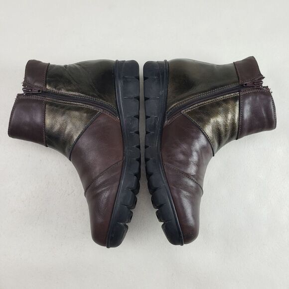 Onfoot Leather Ankle Wedge Boot Womens 6.5 EU 37 Brown & Gold Side Zip Spain - Picture 5 of 11
